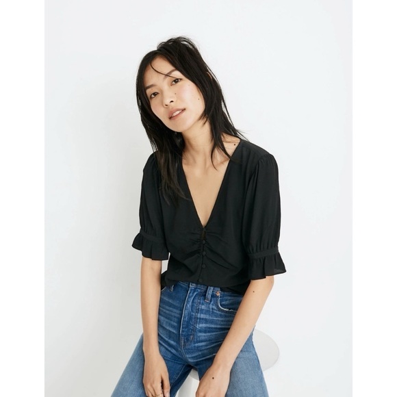 Madewell Blouse Daylight Top Covered Button Front True Black 00 NWT New - Picture 1 of 11